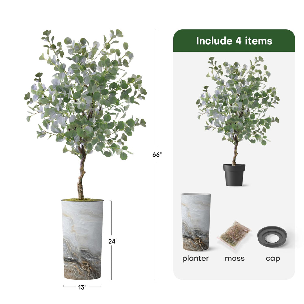 Artificial Tree in Modern Granite Effect Planter, Fake Eucalyptus Silk Tree for Indoor and Outdoor Home Decoration