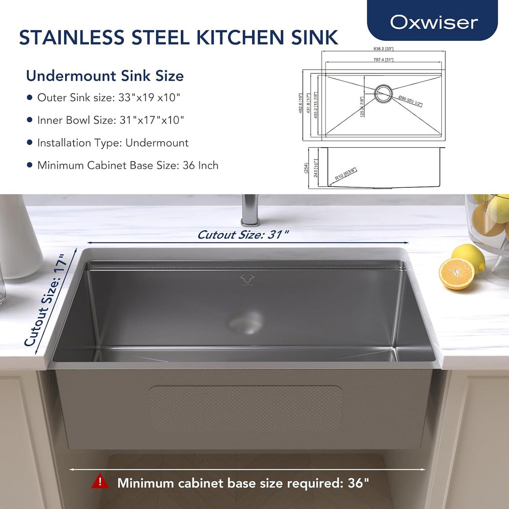 Kitchen Sinks 33x19 inch Workstation Undermount Sink Stainless Steel Sink 16 Gauge Single Bowl Kitchen Sinks with