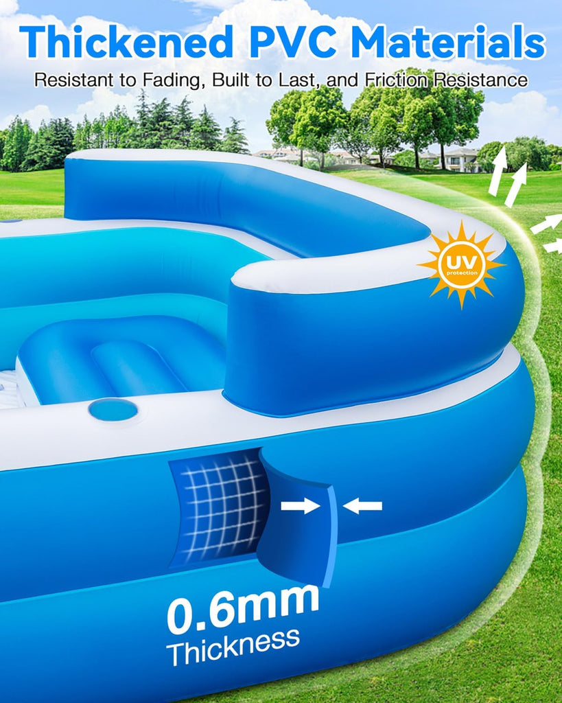 Large Inflatable Swimming Pool - 120" x 85" x 26" Blow Up Pool for Adults and Kids with Seat & Air Pump, for Backyard
