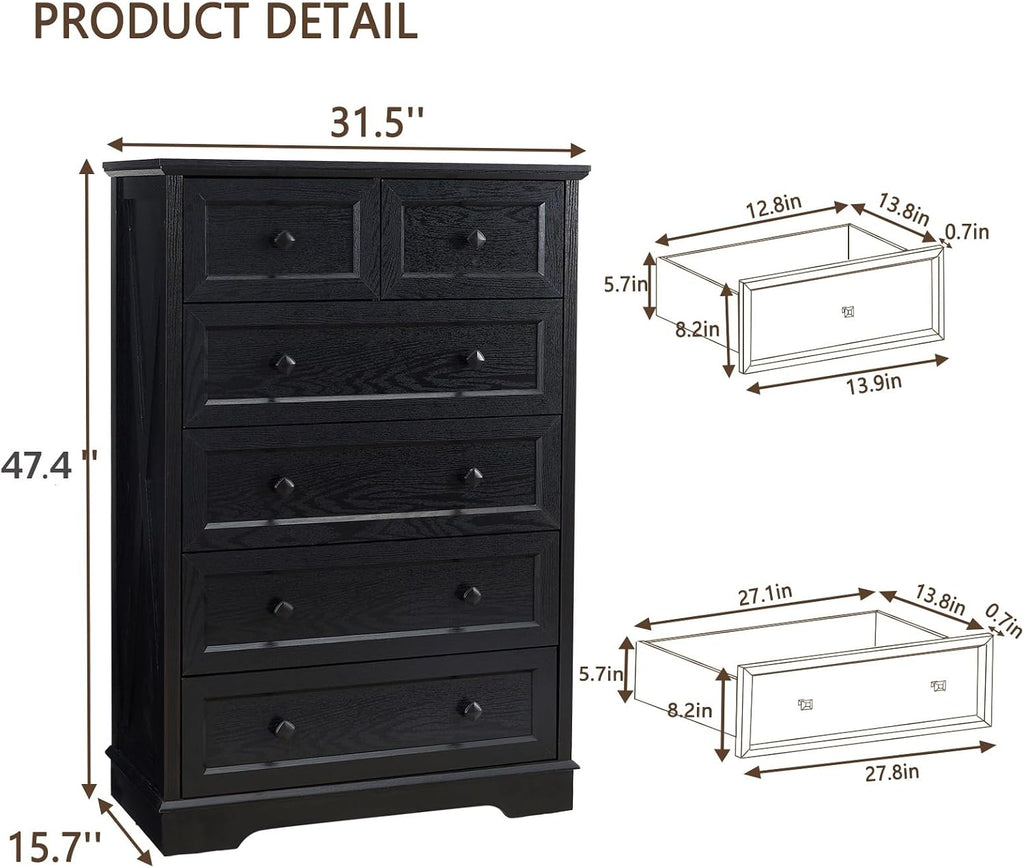 Farmhouse 6 Drawer Dresser, Dressers Chest of Drawer Organizer Storage, 48 Inch Tall Dresser, Wood Dressers Storage
