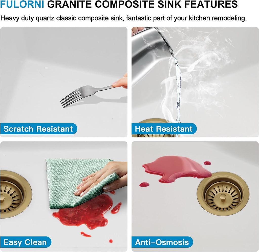 33"x19" Granite Composite Kitchen Sink - Undermount White Granite Quartz Composite Classic Ledge Workstation Under