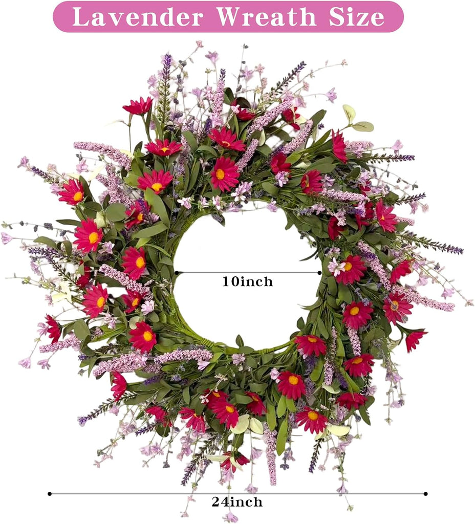 24 Inch Artificial Spring Summer Wreath for Front Door, Colorful Floral Wreath with Red Daisies Lavender
