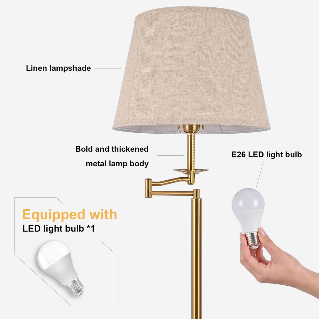 Gold Brass Swing Arm Floor Lamps with 3-Color Bulb, Eye-care Reading Light