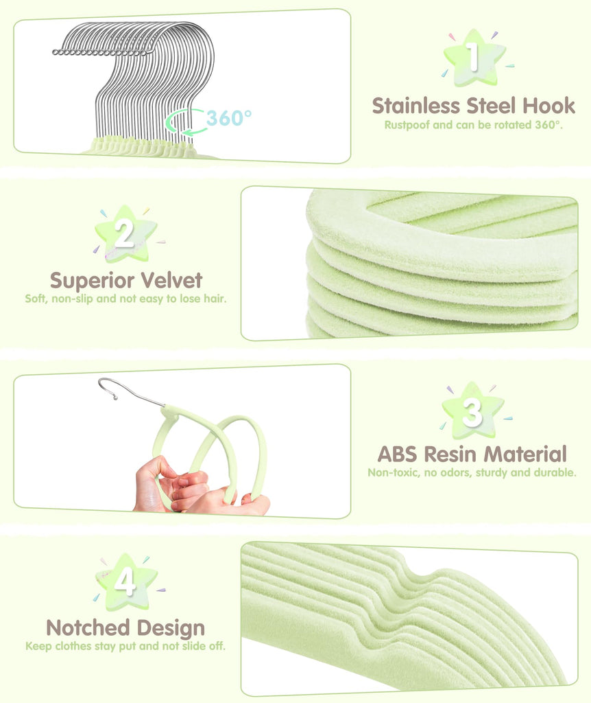 Velvet Baby Hangers with 6 Pcs Dividers, 11 Inch, Lime Green, 30 Pcs