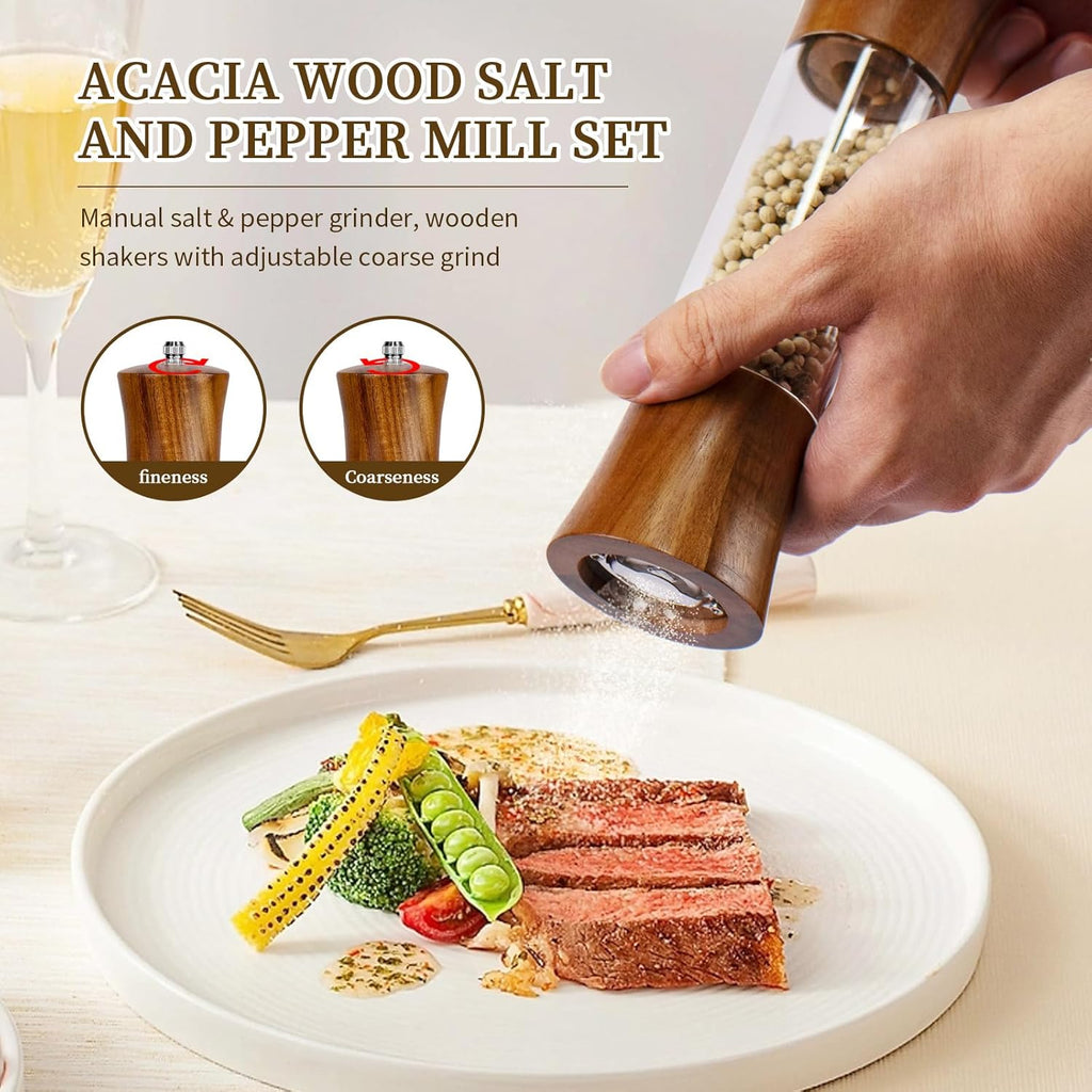 Acacia Wood Premium Acrylic Salt and Pepper Grinder Set 8 Inches - Set of 2