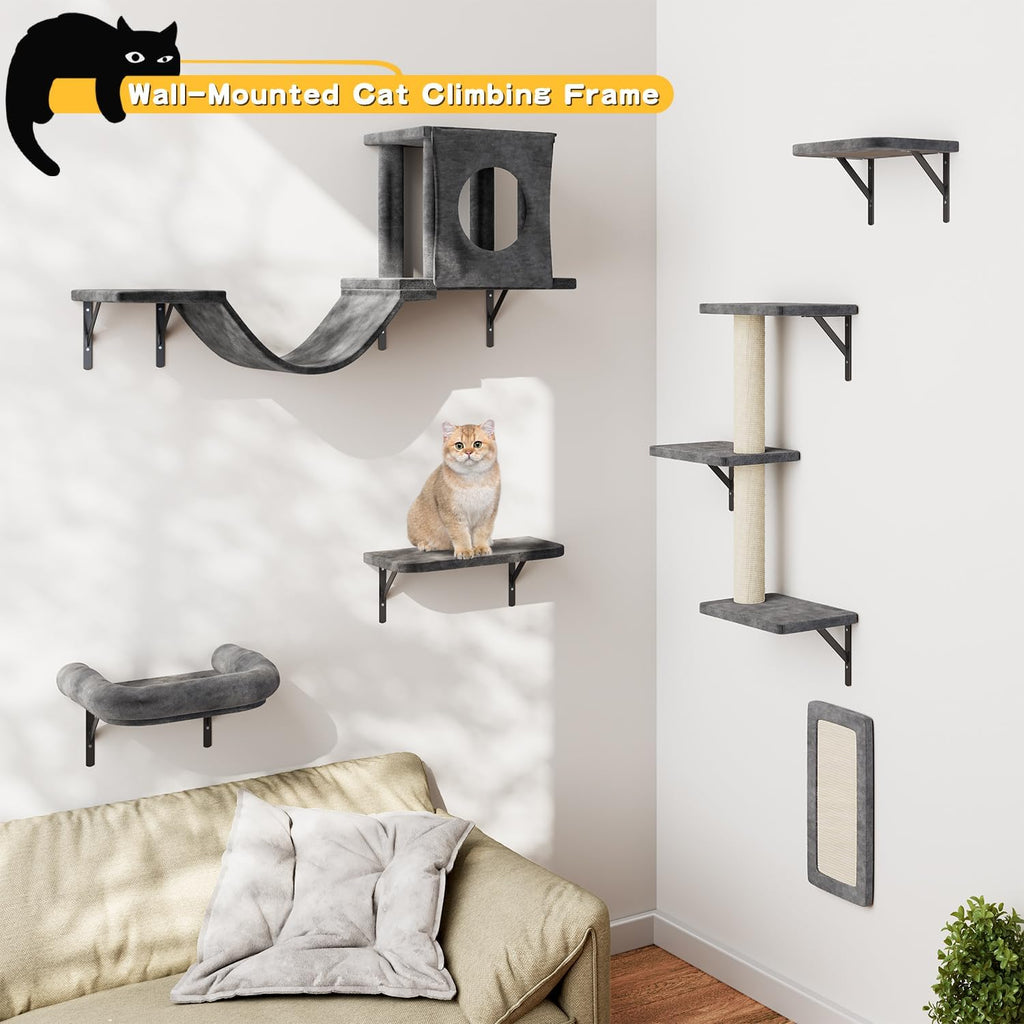 Cat Wall Shelves, 6 Pcs Luxury Wall-Mounted Cat Climber Set, Dark Gray