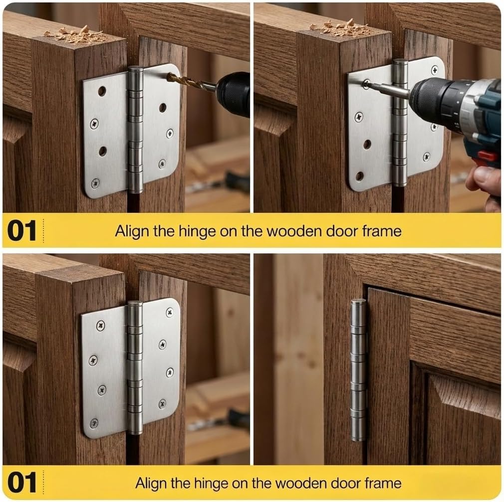3 Pack Ball Bearing Door Hinges, 4x4 Inch Heavy Duty Stainless Steel Hinges, Brushed Nickel, 5/8" Radius Corner