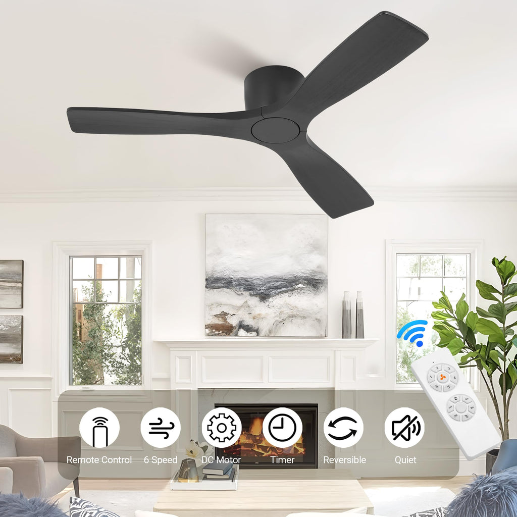 48 Inch Ceiling Fan without Light, Flush Mount Low Profile Fan with 3 Solid Wood Blades, Quiet Reversible DC Motor, 6