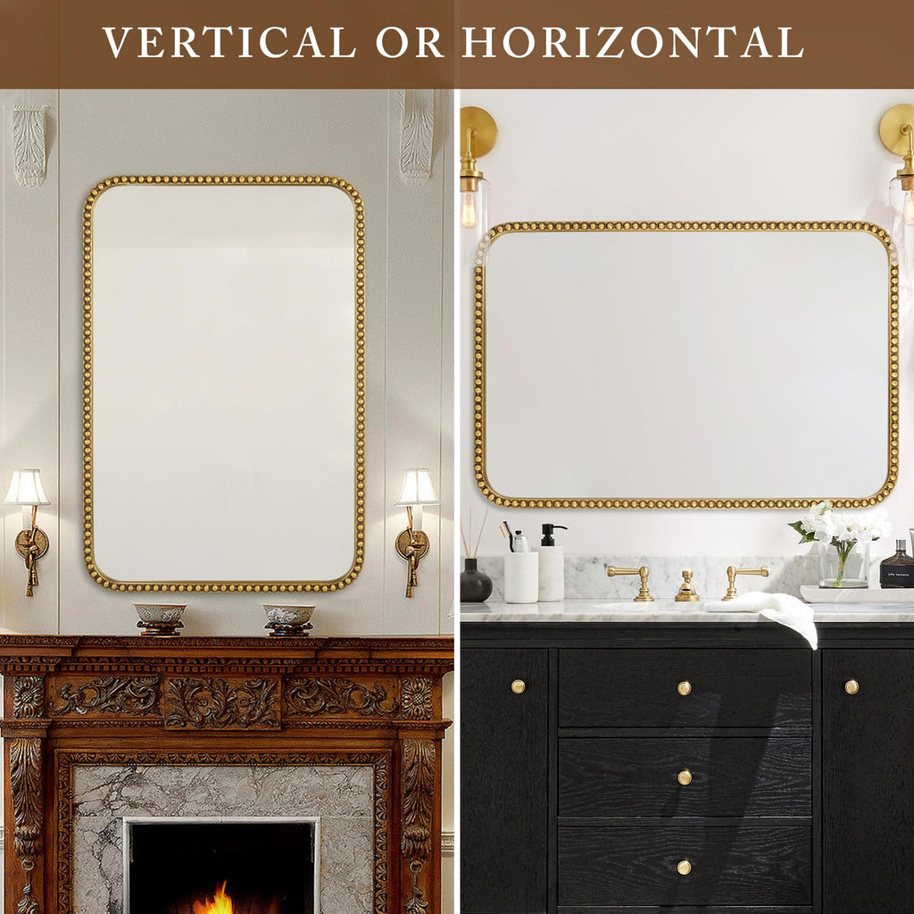Wall Mirror - 24"x36" Rectangle Rounded Corner Beaded Frame Mirror, Large Vanity Mirror Hangs Horizontal or Vertical