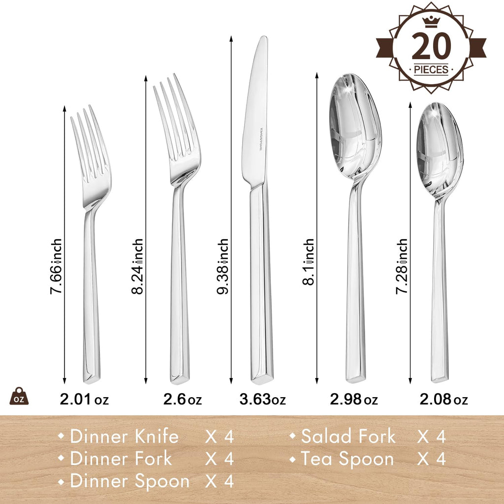 Silverware Set for 4, 20Pcs Flatware Set, Square Handle Stainless Steel