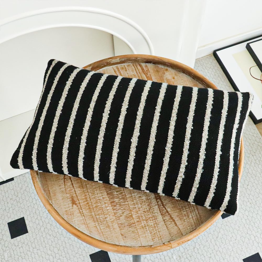 Black Striped Lumbar Boho Throw Pillow Cover, Modern Boucle Textured Rectangle Pillowcase for Sofa Couch Bed, Neutral