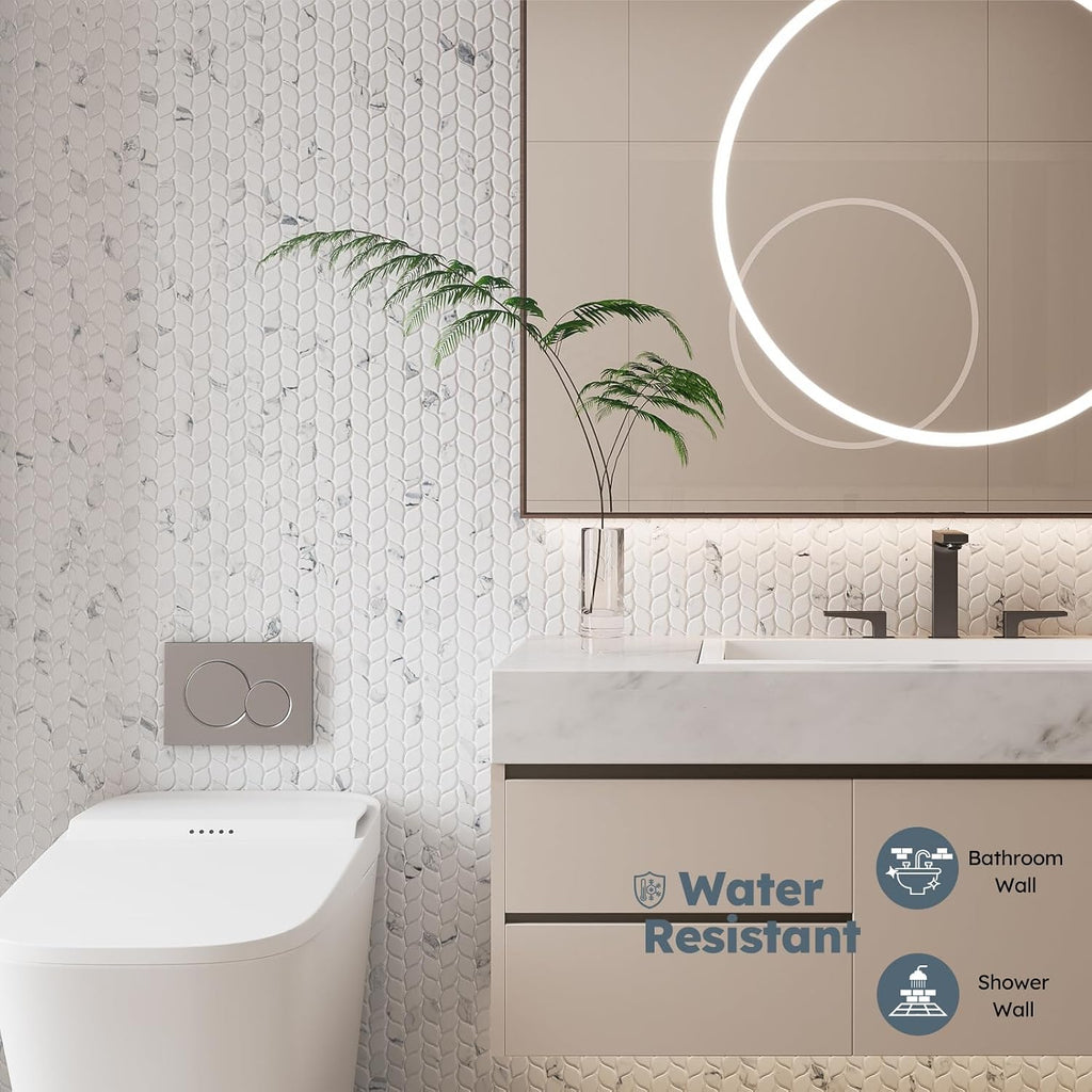 Recycled Glass Backsplash Tile, White Marble Leaf-Shaped, 5 Sheets | Mesh Mounted, 3D Faux Stone, Glass Mosiac