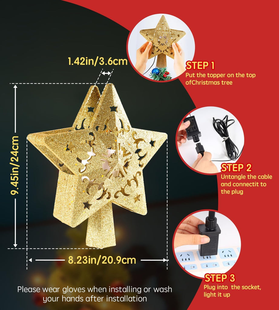 Christmas Tree Star Topper, Built-in Led 360° Rotating Snowflake Projector Pentagram Plug in Christmas Tree Ornament