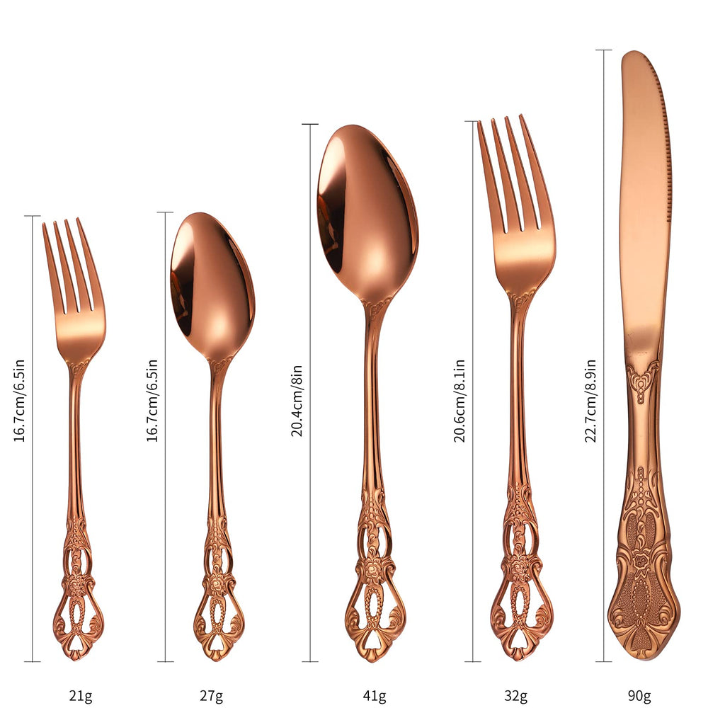 Royal Flatware Set for 4 Copper/Rose Gold Silverware Stainless Steel Cutlery 20 Piece With Vintage Relief Deisgn