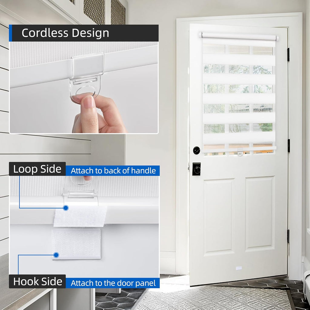 Cordless French Door Blinds, No Drill Roll Up Zebra Blinds for Doors, Light Control Day and Night Sheer Shades for Front Door Patio Sidelight Glass Door, 23.8'' W x 78'' L, White