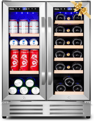 Wine and Beverage Refrigerator, 24 Inch Dual Zone Fridge with Glass Door, Built