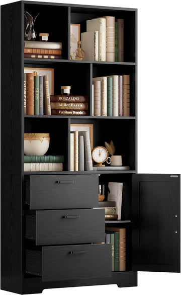 Bookshelf, 70.9 Inch Tall Bookcase, Black Book Shelf with Doors and 3 Drawers, 3-Tier Bookshelves with 6 Open Cubes