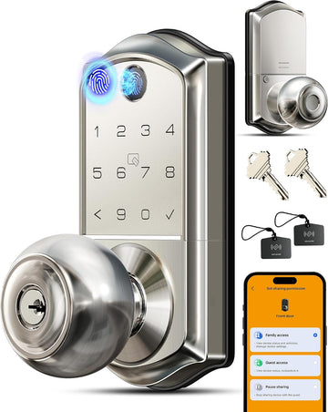 Fingerprint Keypad Smart Door Knob Handle Lock, Satin Nickel