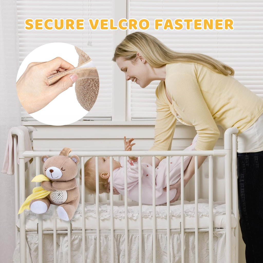 Rechargeable Baby Sleep Soother Bear, Nursery Decor Night Light Projector, Mom's Heartbeat Cry Sensor Lullabies White