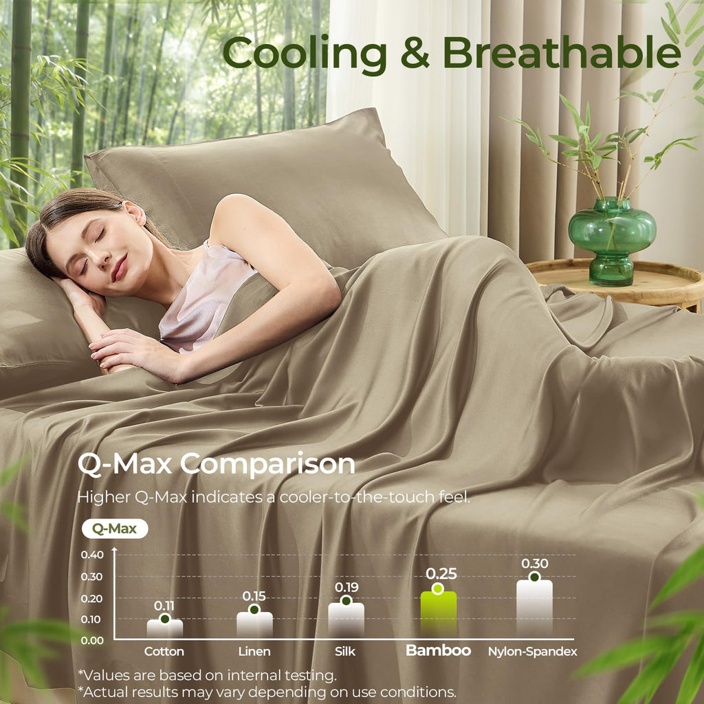 Taupe Silky-Soft Bamboo Sheets 4-Piece, 100% Rayon Made from Bamboo 300TC, Cooling Sheet for Hot Sleepers