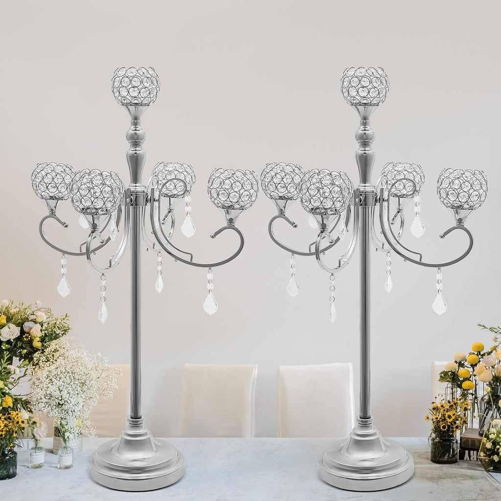 2 Pcs 5 Arm Gold Candelabra Centerpiece, 33 Inch Tall Crystal Candle Holder Centerpiece for Tables Elegant Metal