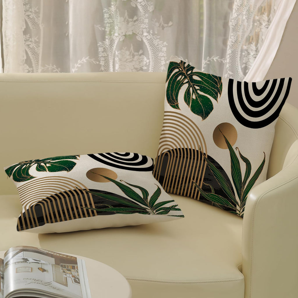 Black Boho Pillow Covers 22x22 Inch 2 Pcs Green Gold Tropical Leaf Mid Century Summer Outdoor Decor Throw Pillows