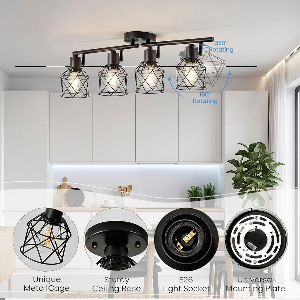 Semi Flush Mount Ceiling Light, Adjustable Multi-Directional Track Lighting Fixtures, Rotatable Farmhouse