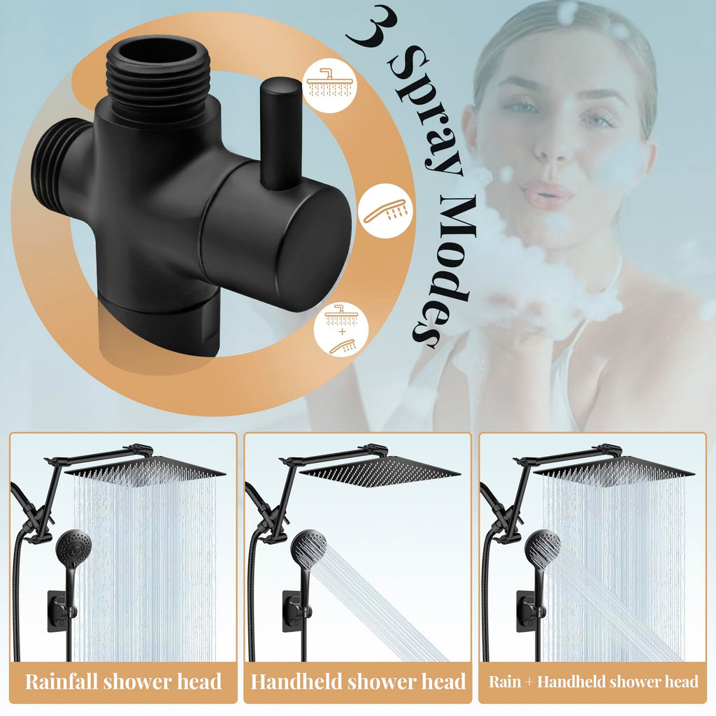 12" Black Rain Shower Head with Handheld Spray and 16" Extension Arm