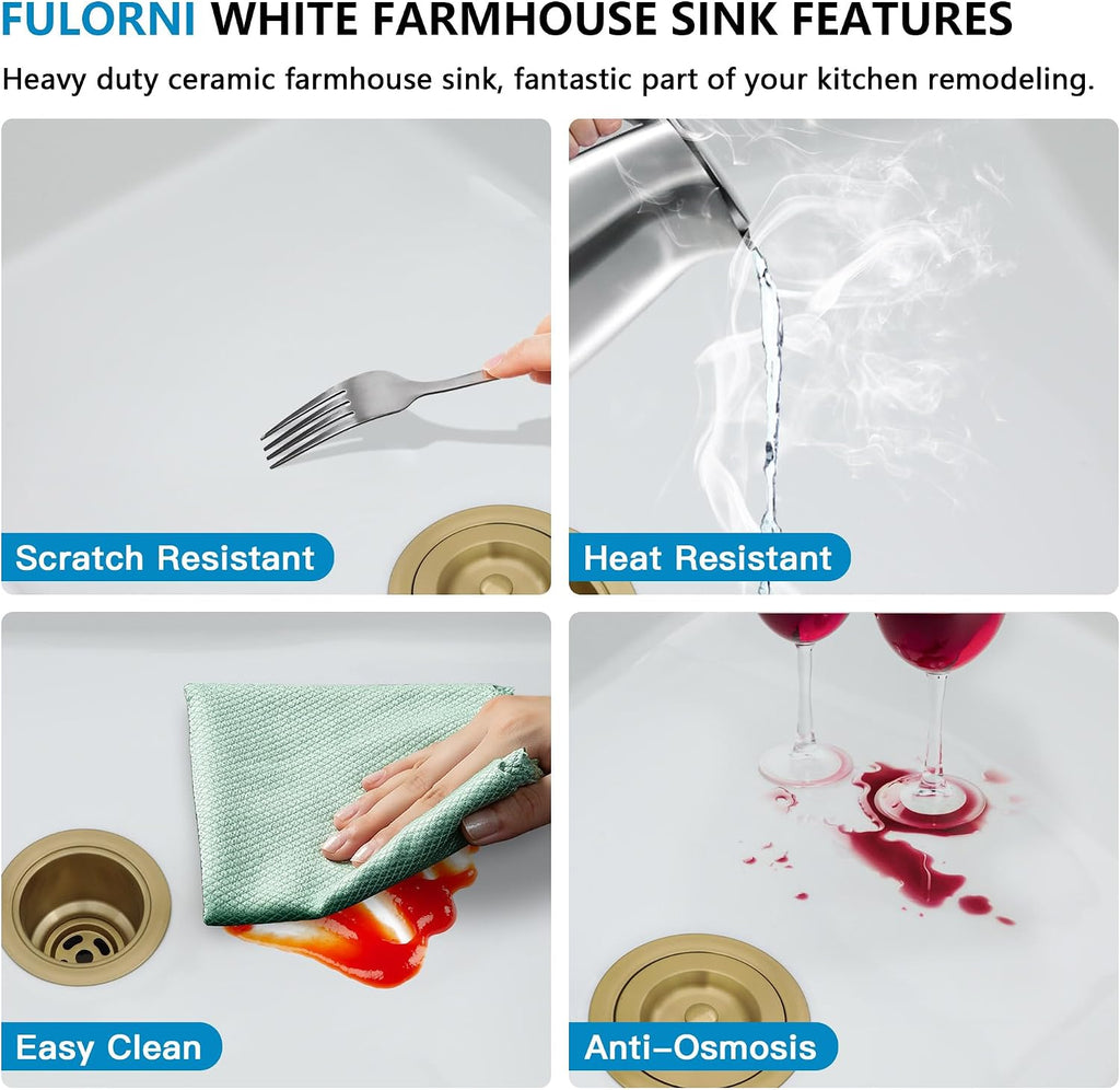 30 White Farm Sink Workstation - 30 Inch Farmhouse Kitchen Sink Workstation with Slide Ledge Apron Front Reversible