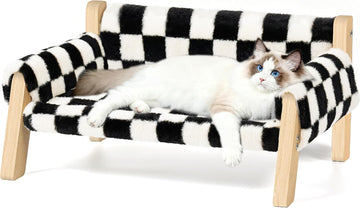 Elevated Cat Couch Bed for Indoor Cats - Wooden Pet Sofa with Removable Washable Thick Cover Raised Kitty Lounge