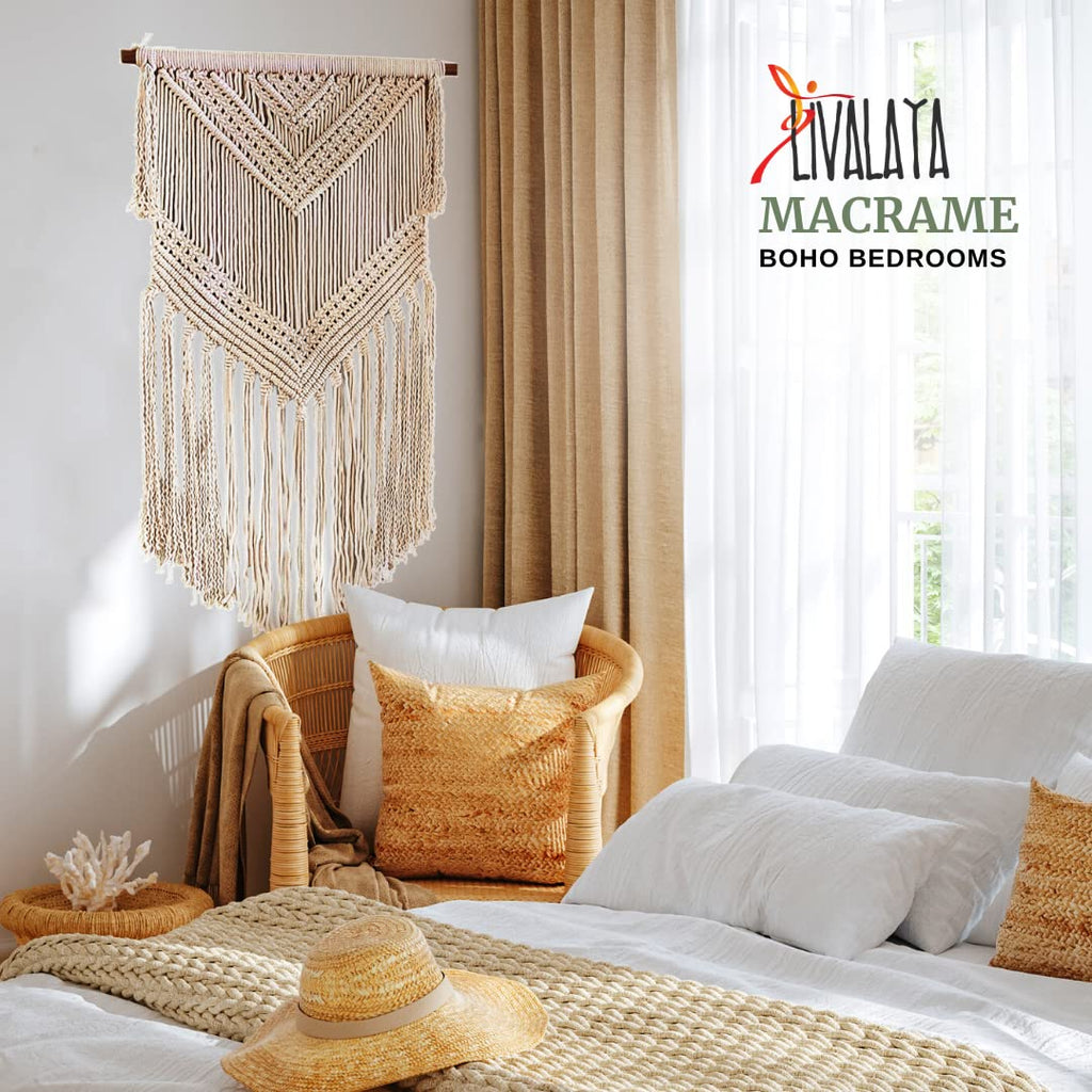 Boho Macrame Woven Wall Hanging Beige 16 x 36 Inch Modern Bohemian Wall Decor