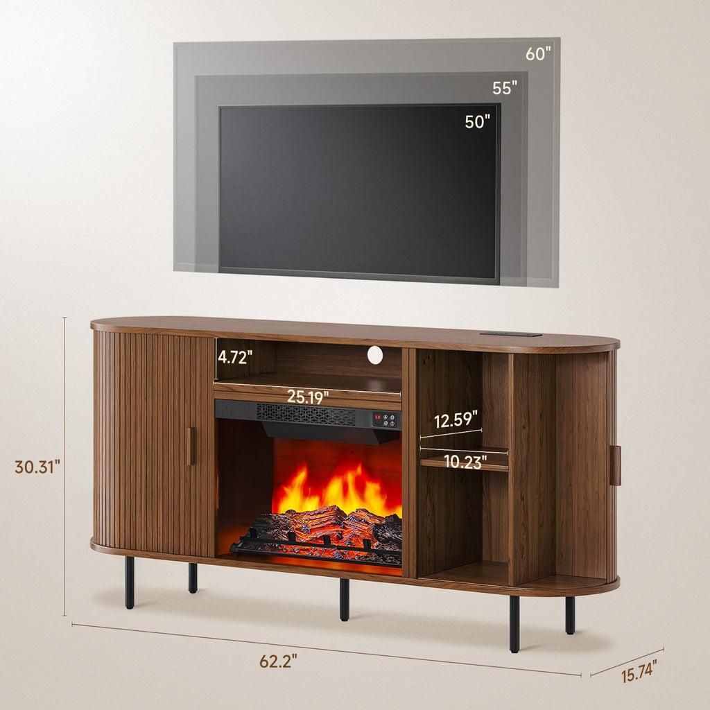 63" Fluted Fireplace TV Stand with Sliding Doors & Power Outlet