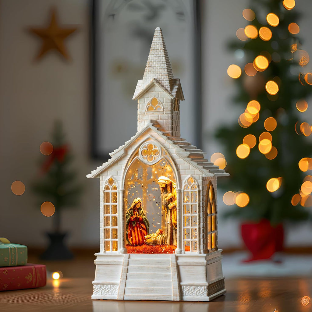 Christmas Nativity Snow Globe Lantern Musical Holy Family Lighted Water Church with Silent Night Music for Christmas