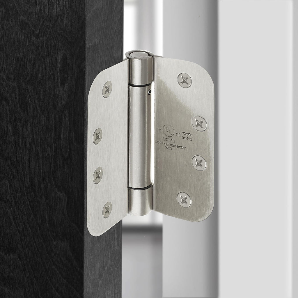 2 Pack) Heavy-Duty 4" Self-Closing Spring Door Hinge with 5/8" Radius Corners, UL Listed - Satin Nickel