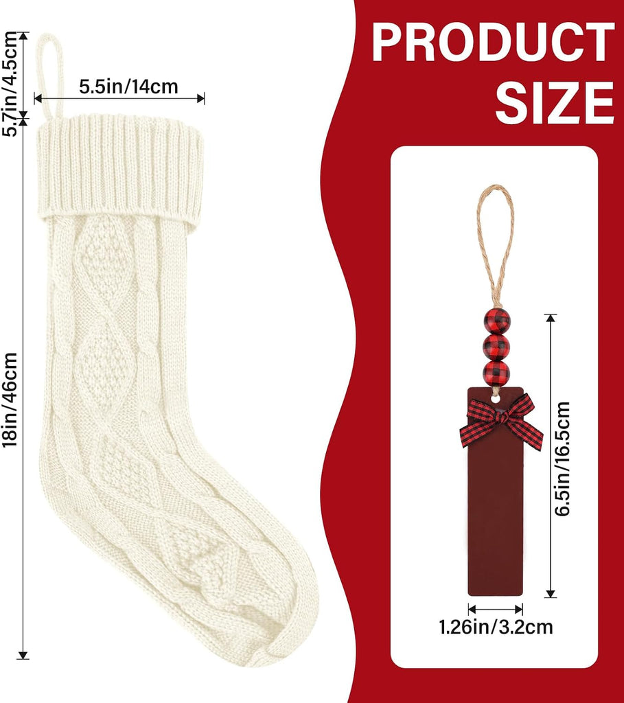 Inch Large Cable Knitted Xmas Hanging Stockings with DIY Wooden Name Tags for Family Holiday Decor (White) - Set of 2