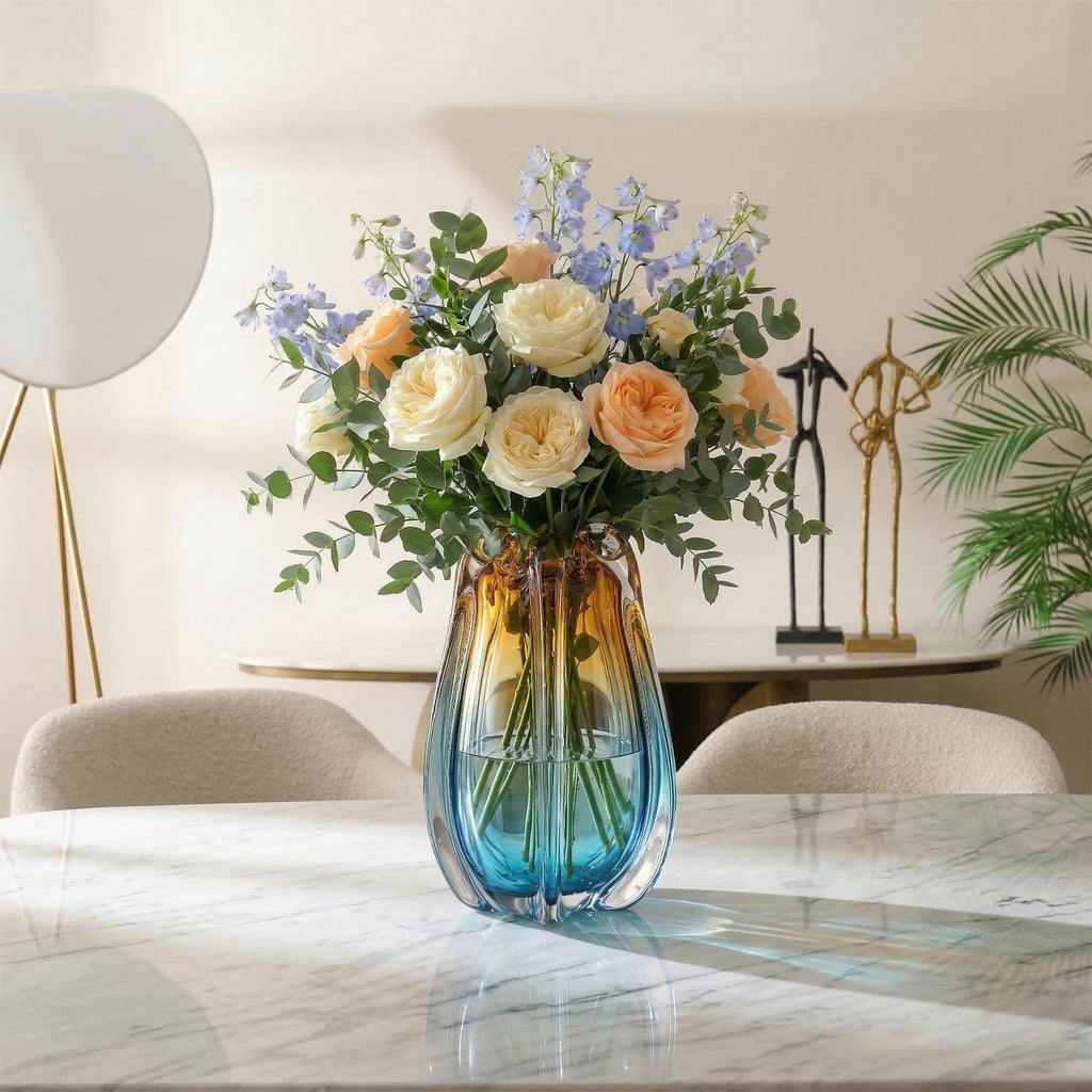 Hand Blown Glass Vase for Flowers, 9.45" Unique Murano Style Art Glass Vase, Fluted Teal Amber Ombre Decorative Vases