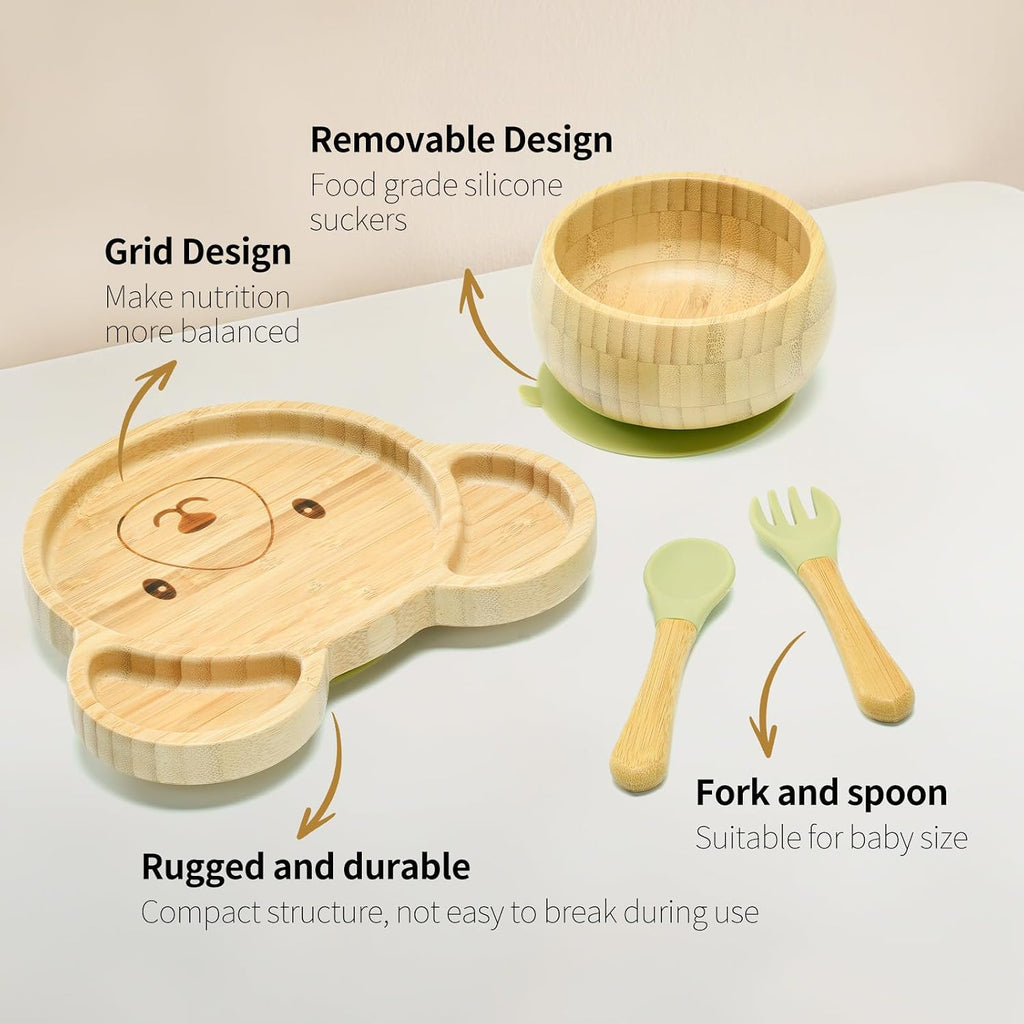 Suction Plates Bowls Setfor Baby Toddler Divided Platter Food bowl with Silicone Fork & Spoon All-Natural Baby