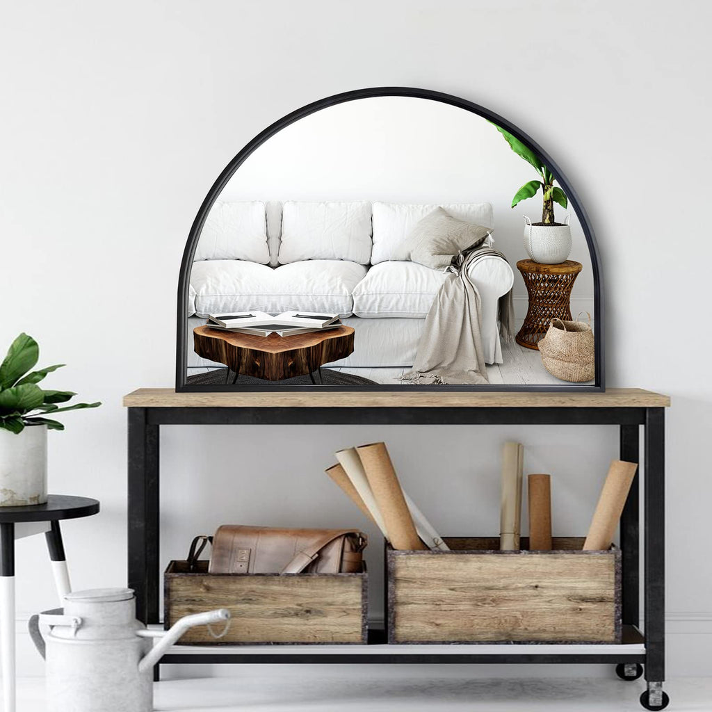 Minimalist Black Arched Mirror, Large Farmhouse Bathroom Fireplace Mantel Horizontal Wide Arch Mirrors /Living Room