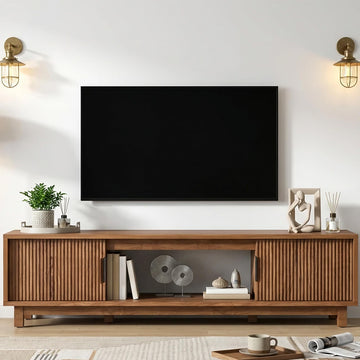 Fluted TV Stand, Mid Century Modern TV Stands, Walnut Entertainment Center for 55/60/65 Inch TV, Media Console with