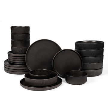 24-Piece Dinnerware Set for 6 with bowl, Ribbed Stoneware Plates and Bowls Sets, Unique Handcrafted Reactive Glaze