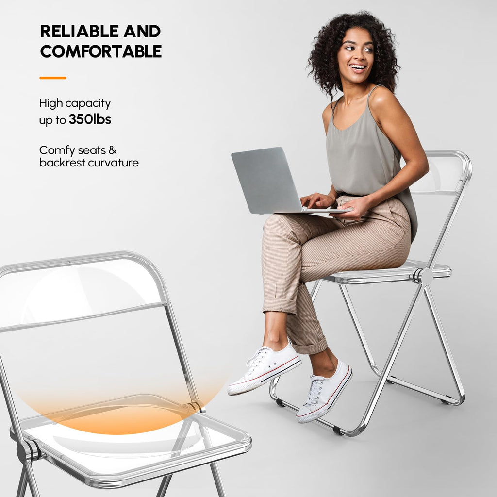 Acrylic Folding Chairs 2 Pack, Clear Chair Foldable and Stackable, Plastic Panel & Metal Chrome Frame, Weight