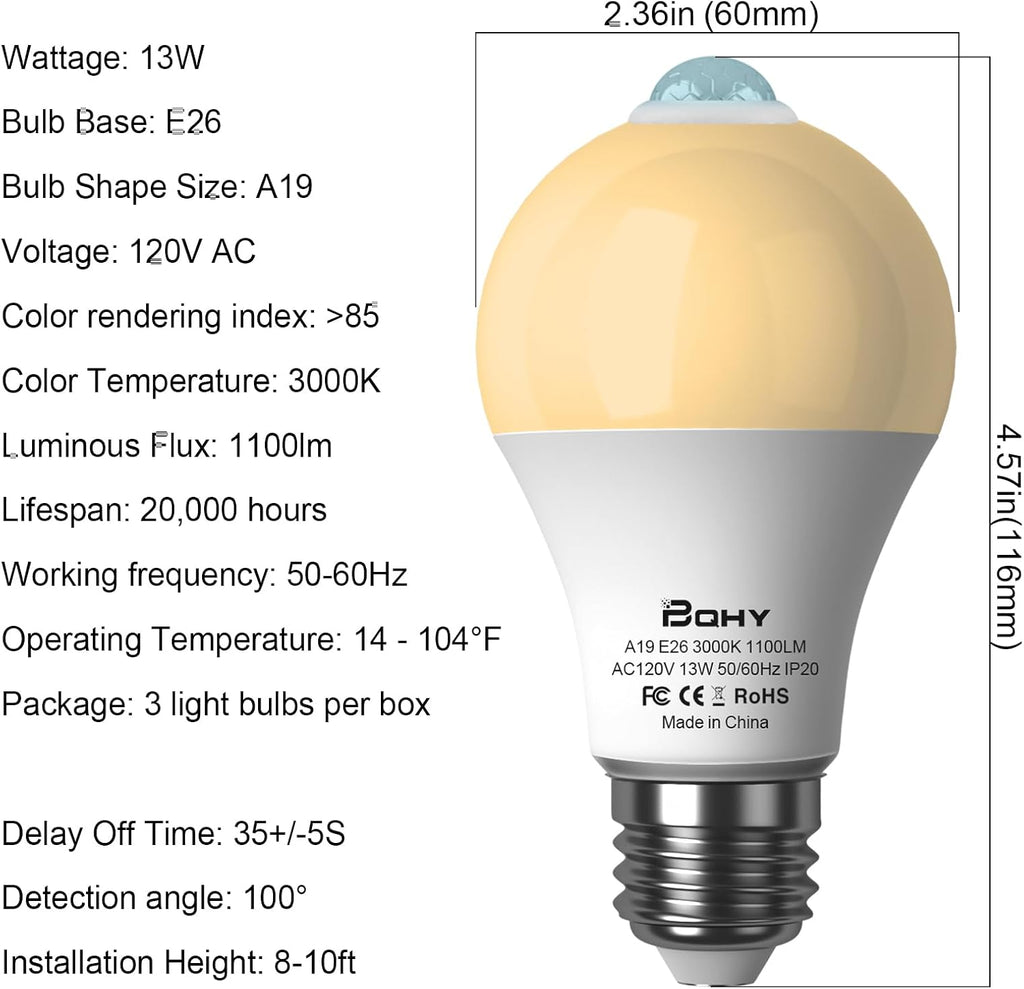 Motion Sensor Light Bulbs, 3000K Warm White Motion Activated Dusk to Dawn Security Light Bulb, 13W(100W Equivalent)