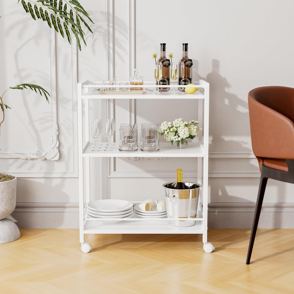 White Bar Cart, Home Bar Serving Cart, Kitchen Trolley on Wheels with Storage, 3 Tier Rolling Beverage Cart Kitchen