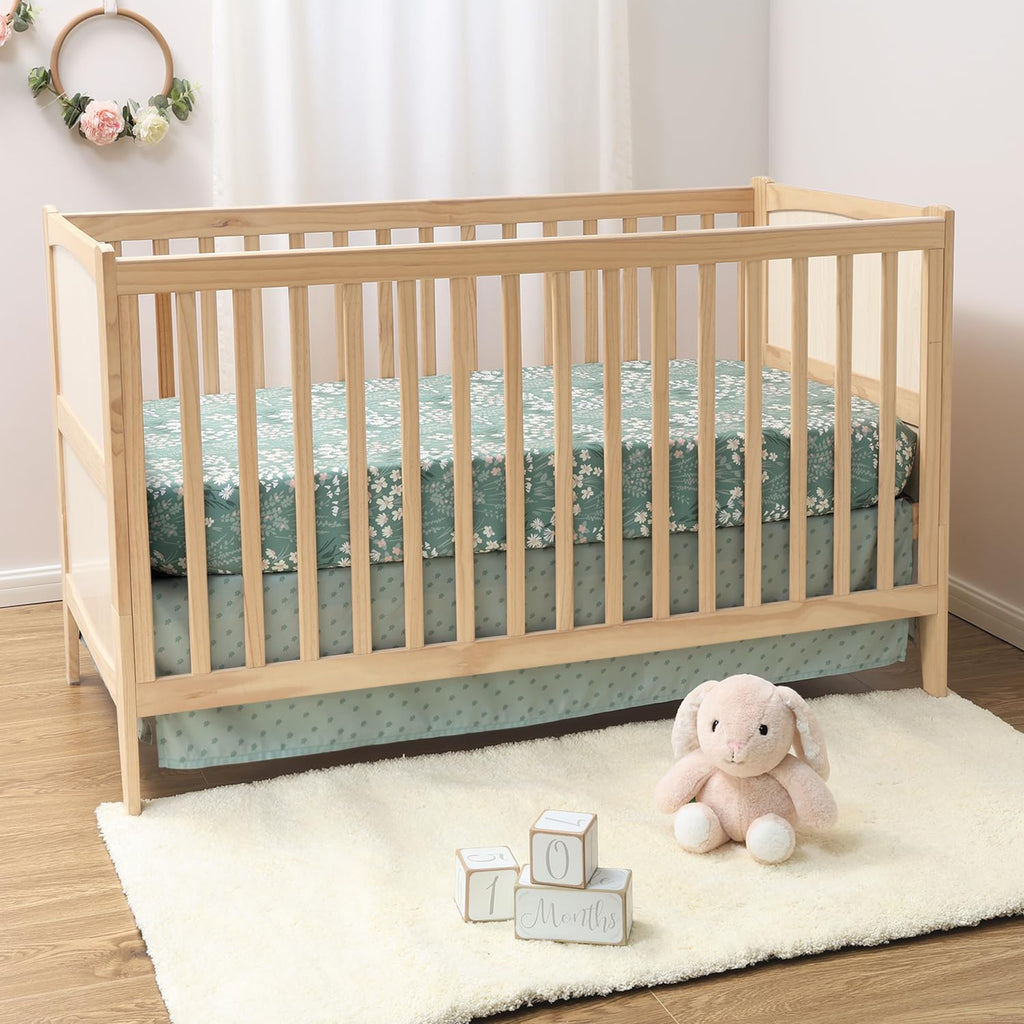 Sage Meadow 3-Piece Baby Girl Crib Bedding Set - Botanical Nursery Quilt Comforter, Sheet & Skirt - Floral Baby Crib