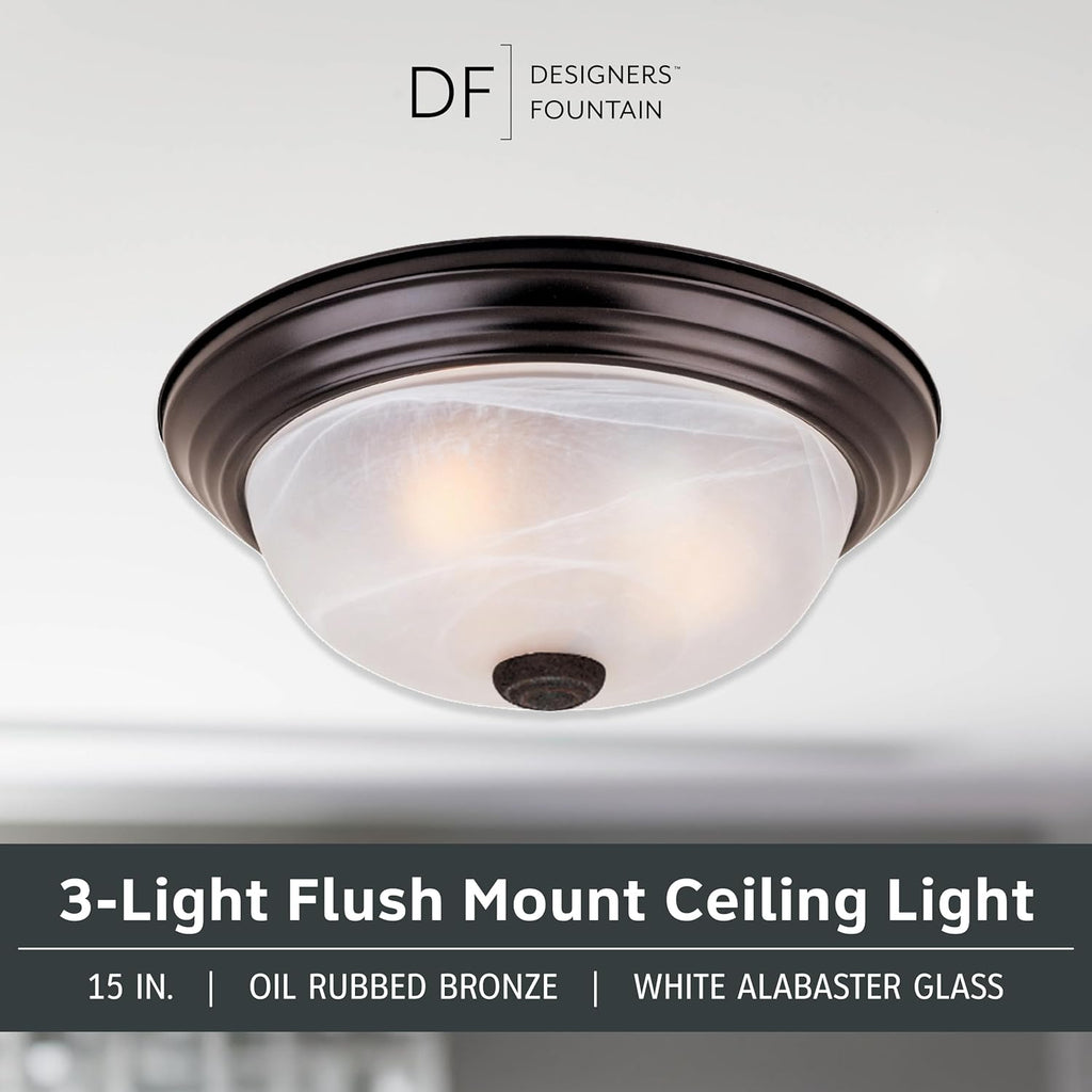 Reedley 3-Lights Flush Mount Ceiling Light, 15 Inch Lighting Fixture , and Hallway, White Alabaster Glass, Oil Rubbed