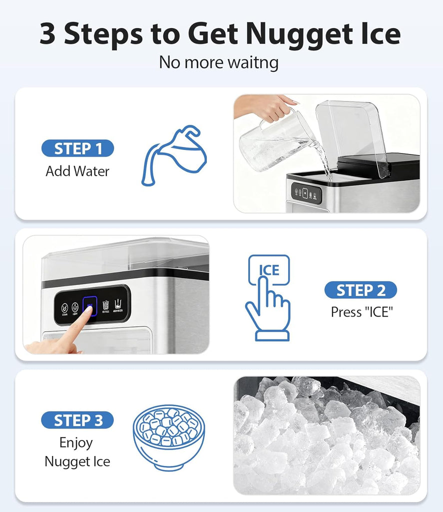 Nugget Ice Maker 40lbs/Day, Countertop Ice Maker Soft Chewable Ice, Ice Makers One-Click & Self-Cleaning, Crushed
