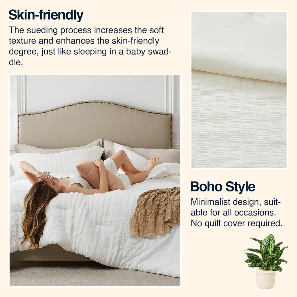 Beige Comforter Set - 3 Pieces Seersucker Lightweight Bedding Comforter Sets (1 Soft Fluffy Comforter & 2