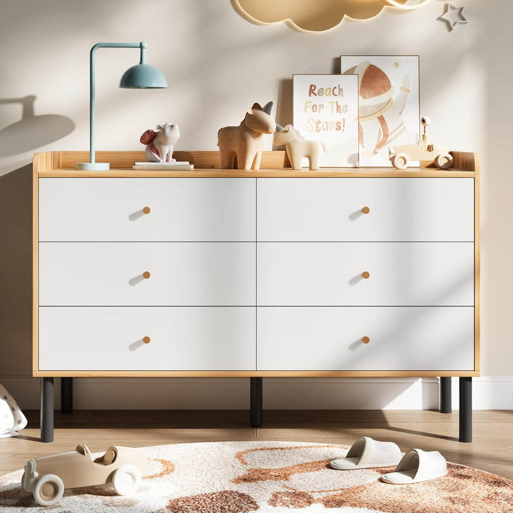 Kids Dresser , 6 Drawer Baby Dresser with Golden Handles, Modern Wood Chest , White