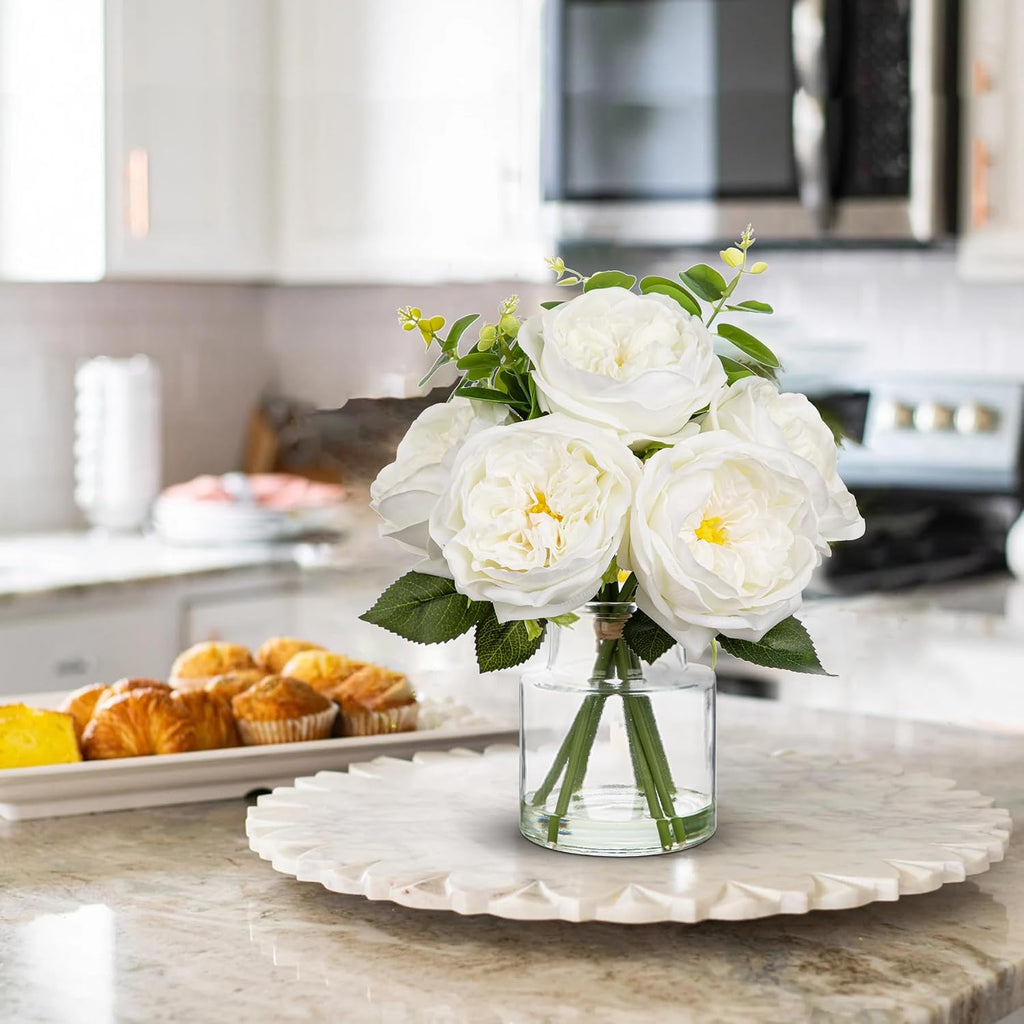 Real Touch Peonies Artificial Flowers Arrangements in Vase White Fake Peonies with Glass Vase Silk David Austin Roses