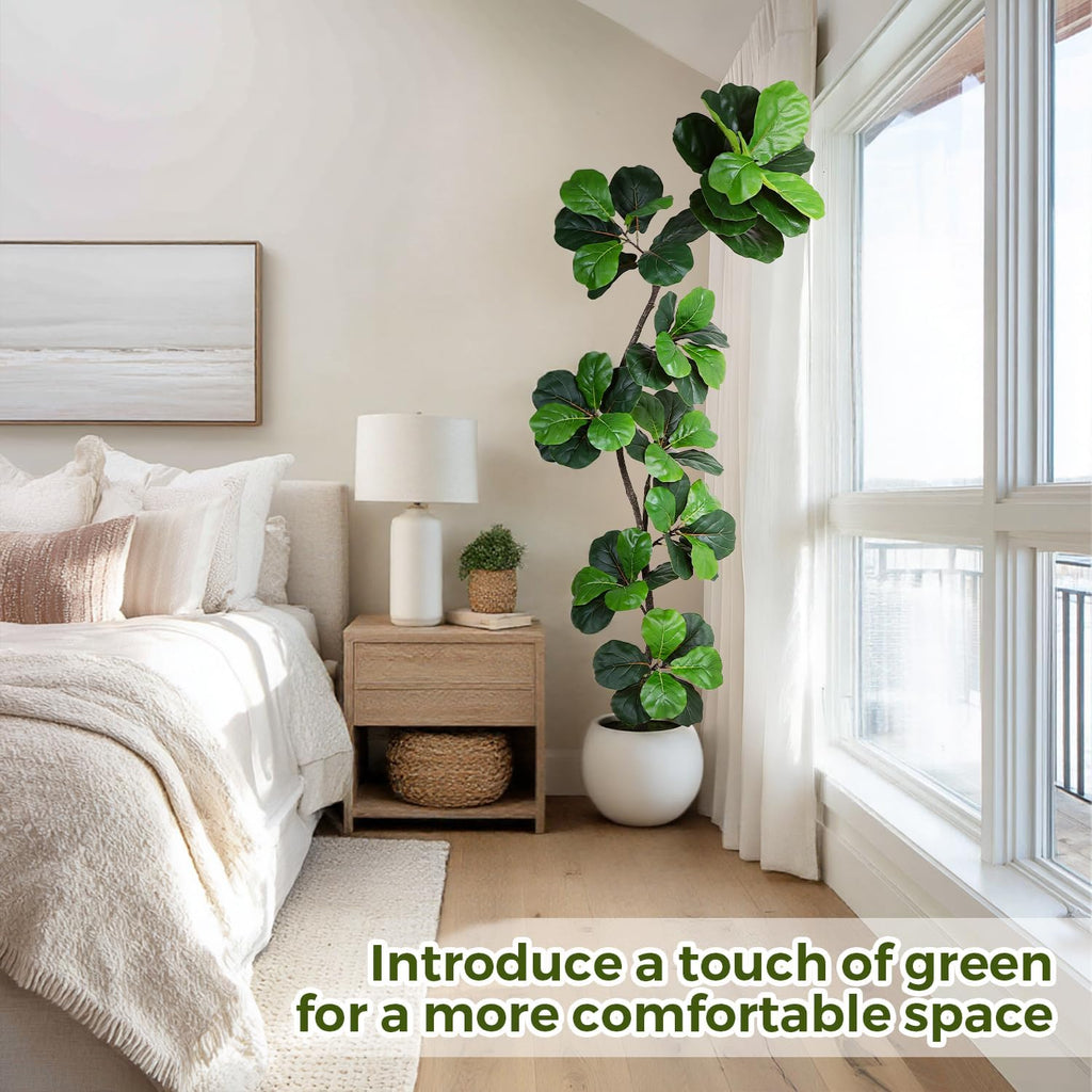 Artificial Fiddle Leaf Tree, 7ft Faux Plant Fake Ficus Lyrata Trees with White Planter & Moss, Artificial Fig Trees